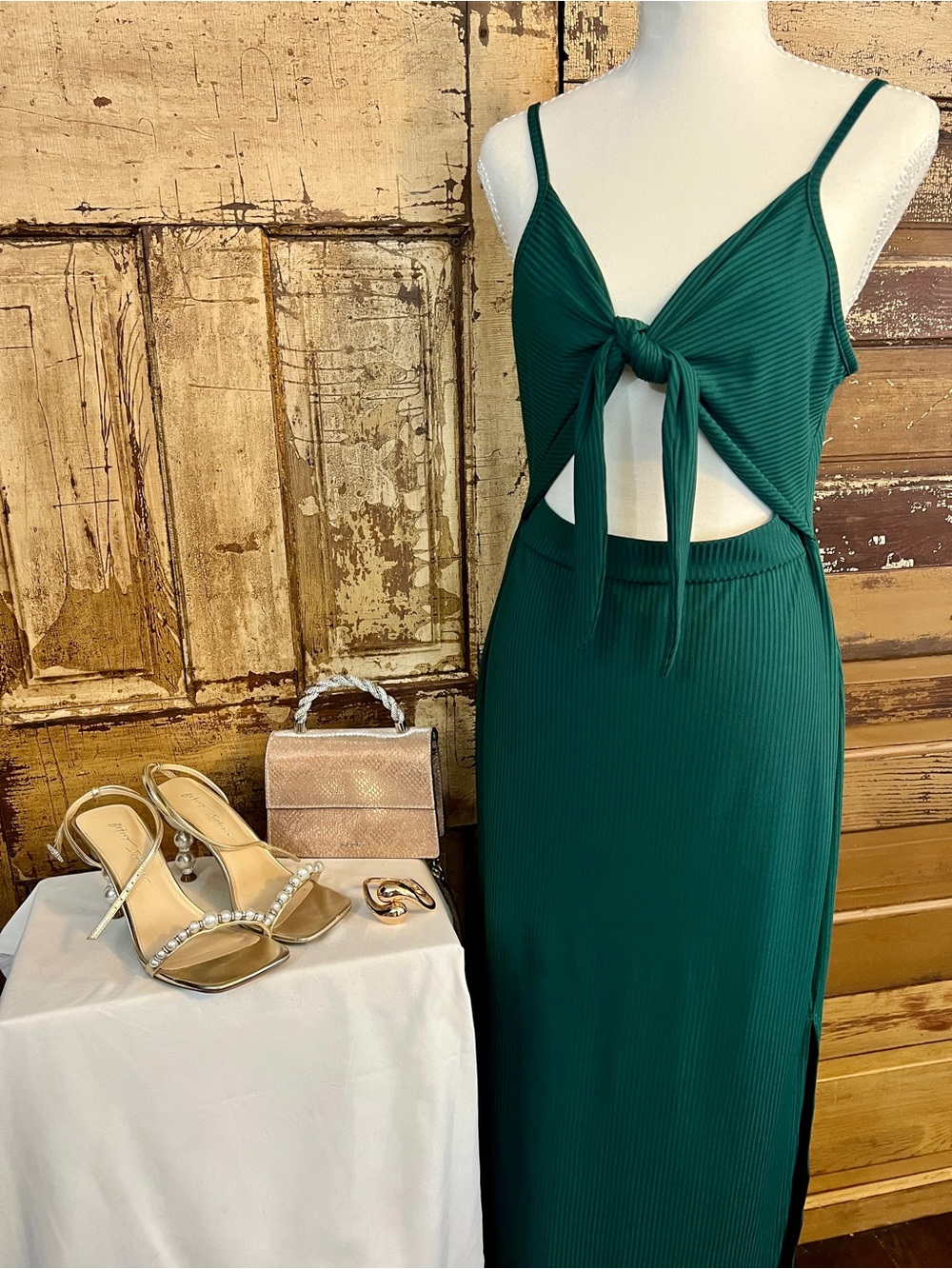 Emerald Green Ribbed Cutout Midi Dress | XL